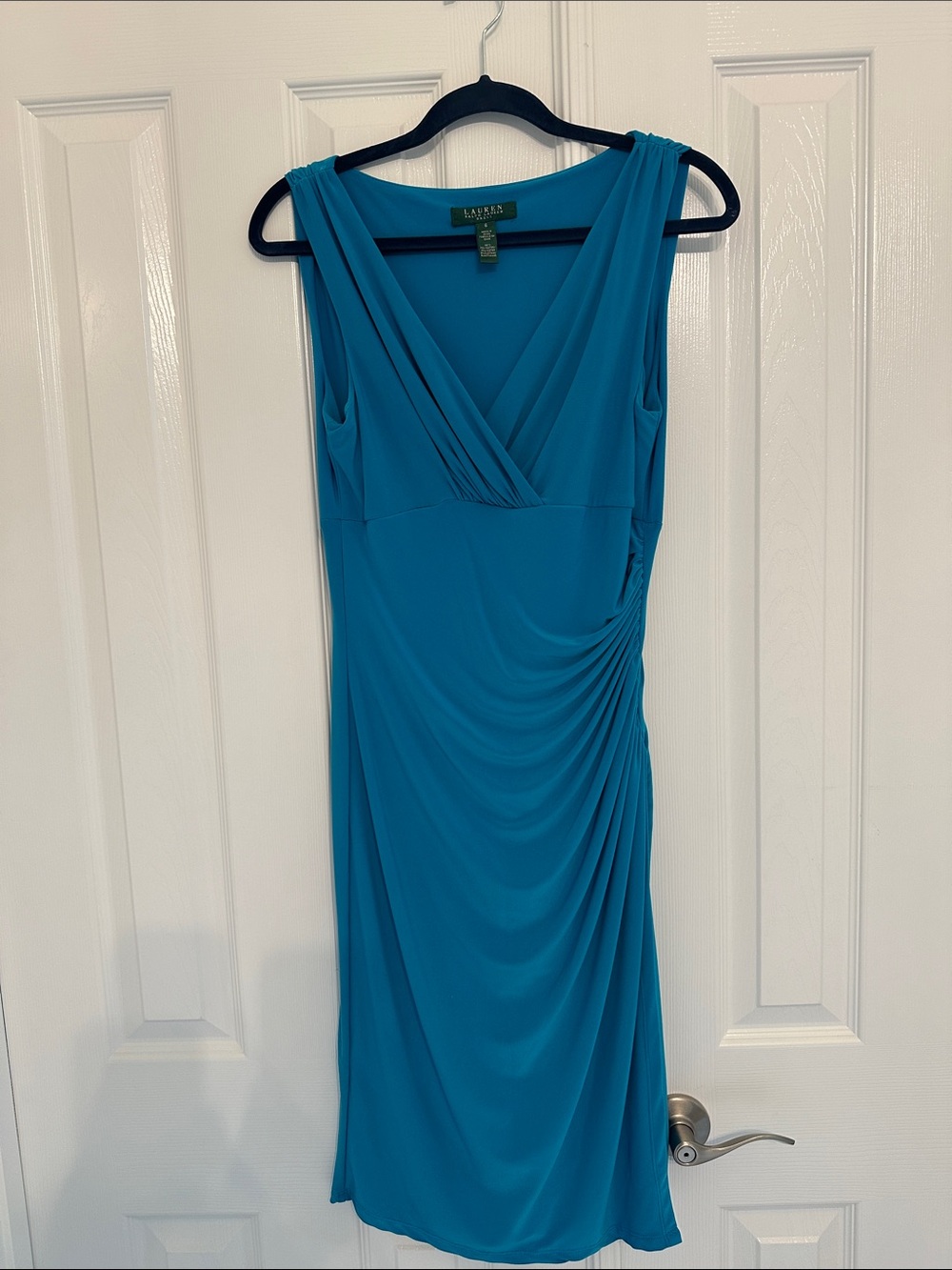 Ralph Lauren Teal V-Neck Ruched Midi Dress